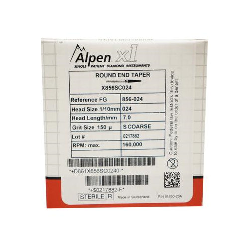 Coltene Whaledent X856SC024 Alpen x1 #856.024 FG Friction Grip Round End Taper Super Coarse Grit Large Diamond Burs 25/Pk Coltene Whaledent X856SC024 Alpen x1 #856.024 FG Friction Grip Round End Taper Super Coarse Grit Large Diamond Burs 25/Pk